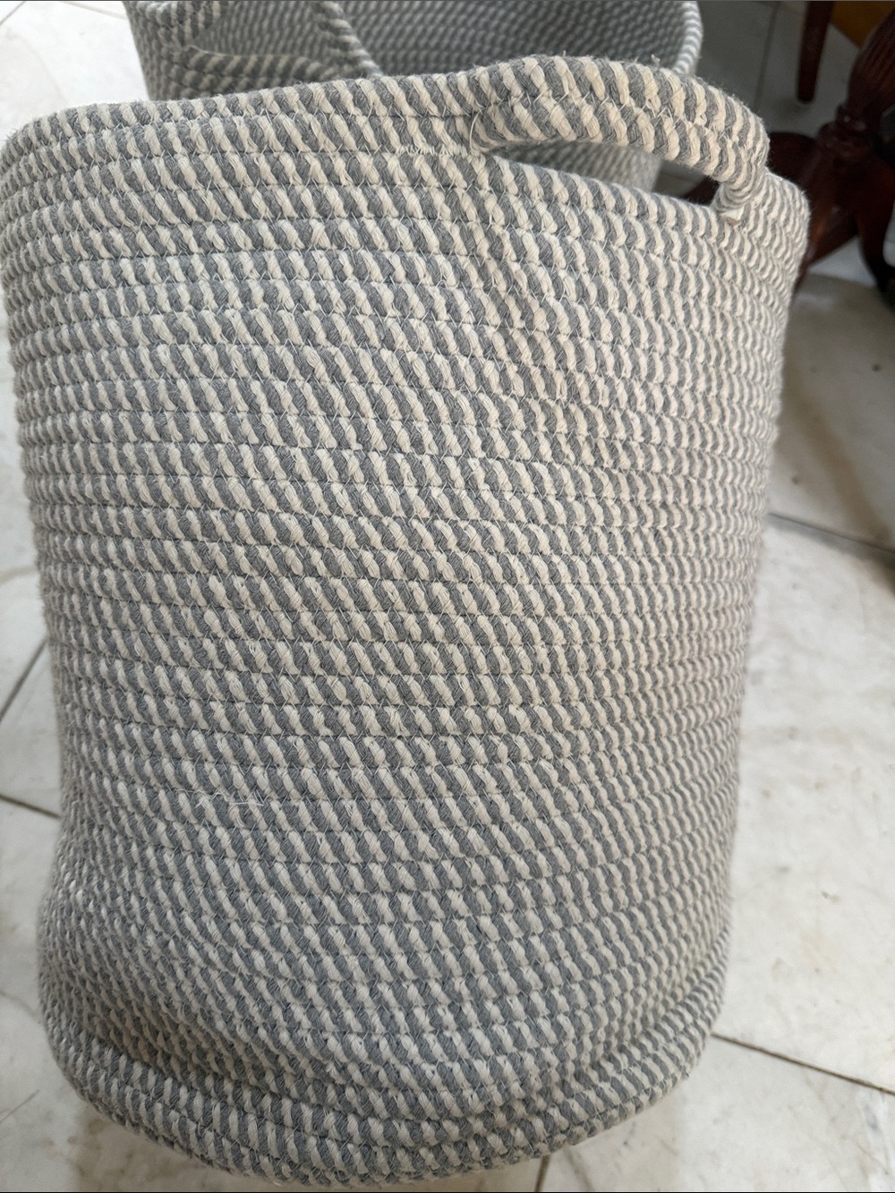 Edison Collection Light Gray / White Woven Cotton Storage Basket with Handles